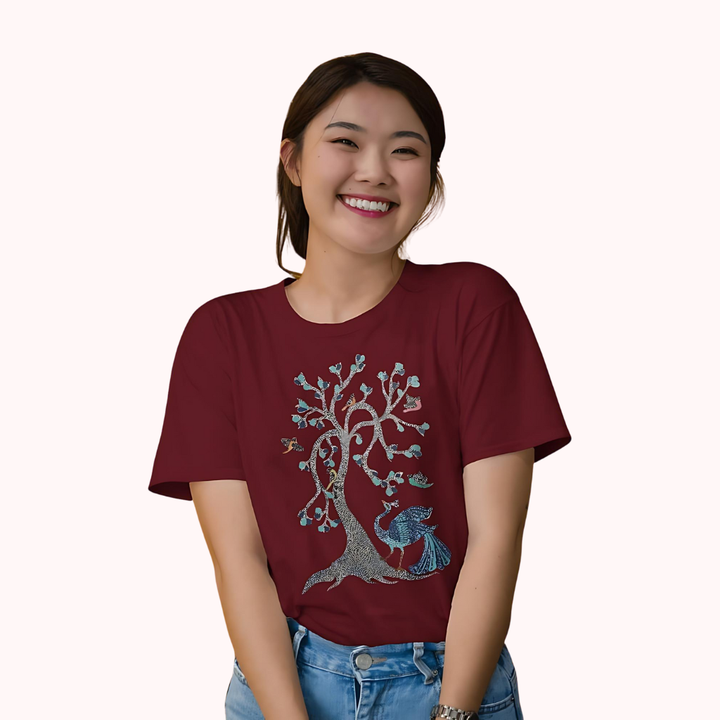 Trending Madhubani D13: Peacock & Tree of Birds: Women T-Shirt