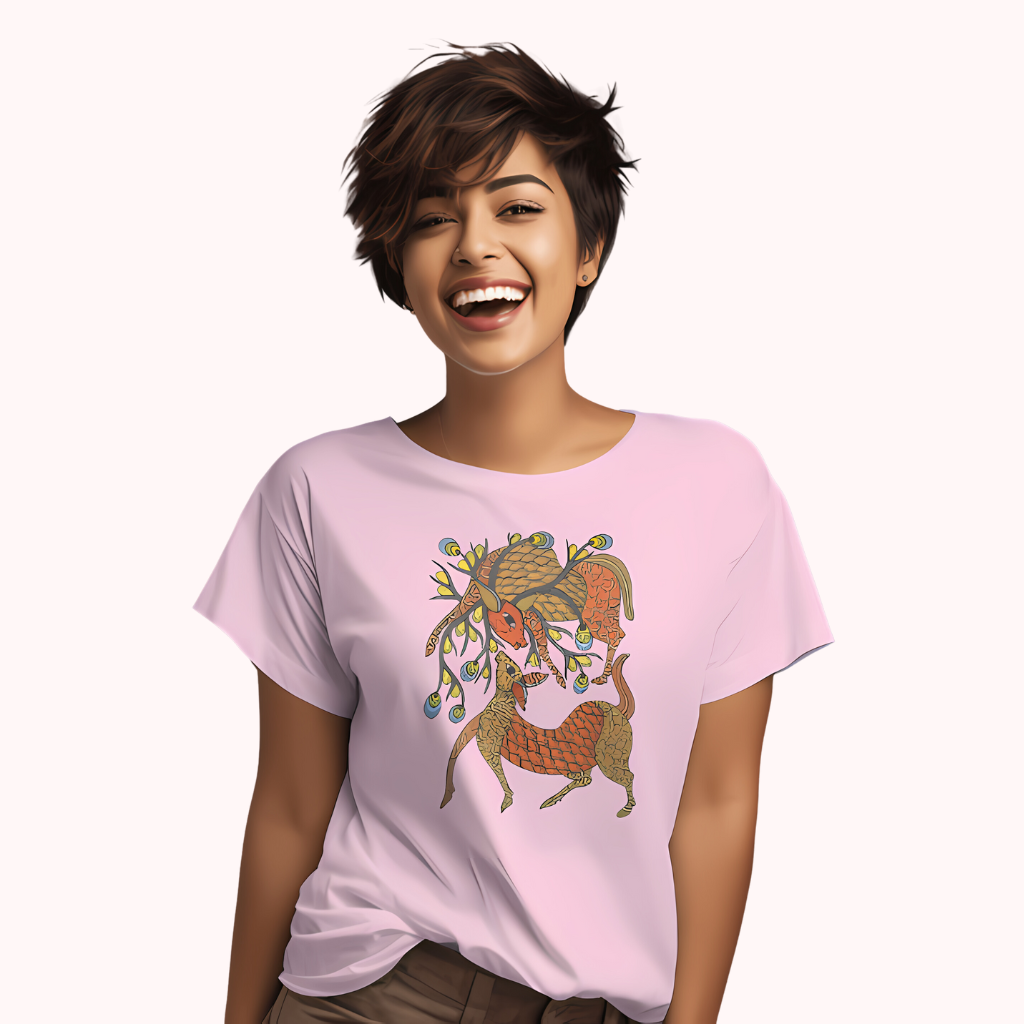 Trending Madhubani D12: Playing Deers: Women T-shirt