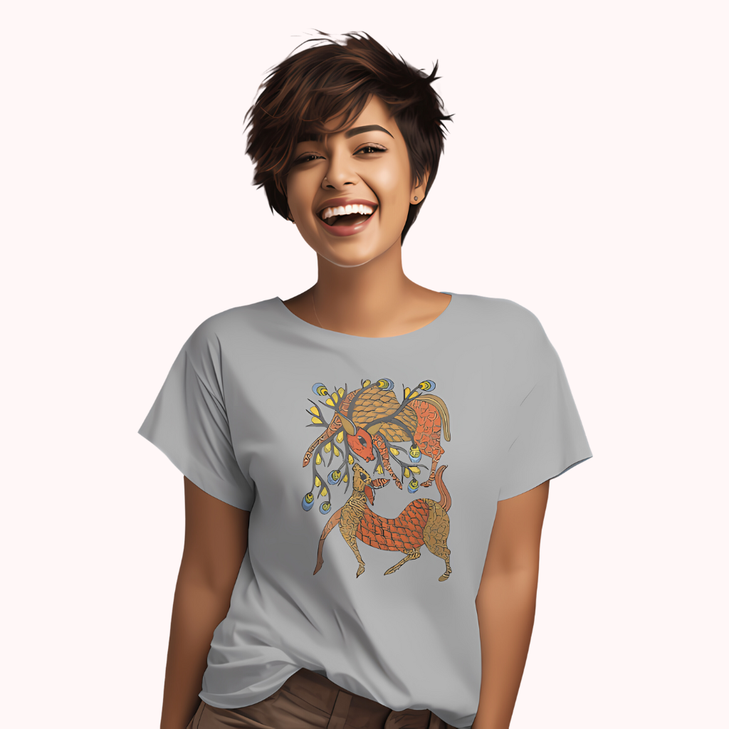 Trending Madhubani D12: Playing Deers: Women T-shirt