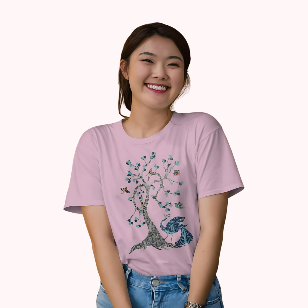 Trending Madhubani D13: Peacock & Tree of Birds: Women T-Shirt