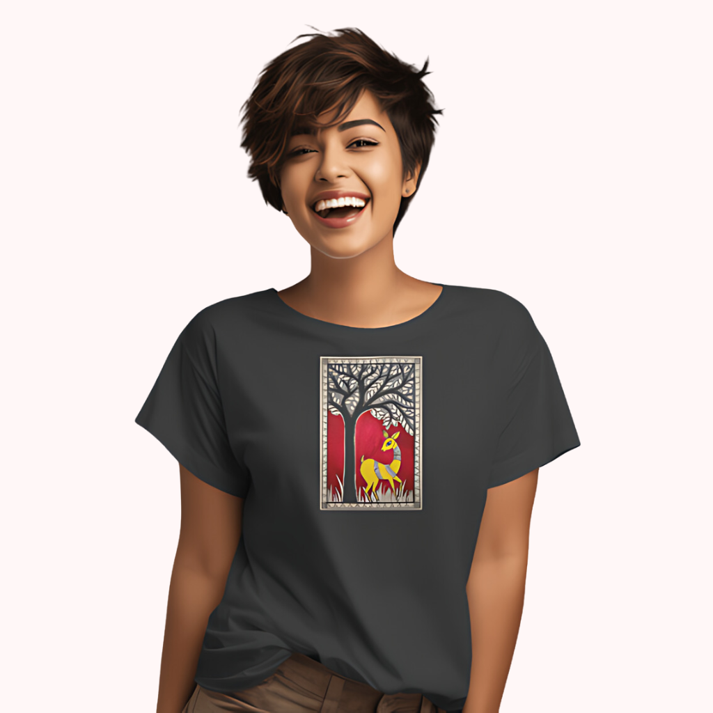 Trending Madhubani Art D6: Deer: Women T-Shirt