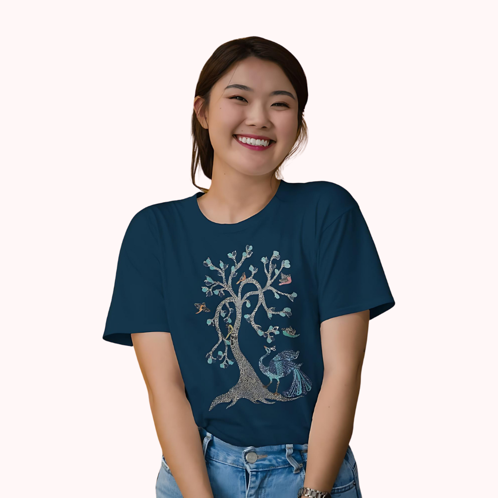 Trending Madhubani D13: Peacock & Tree of Birds: Women T-Shirt