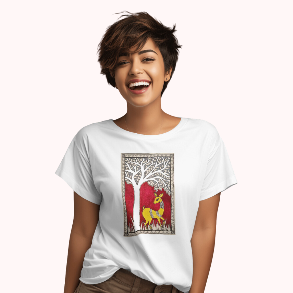 Trending Madhubani Art D6: Deer: Women T-Shirt