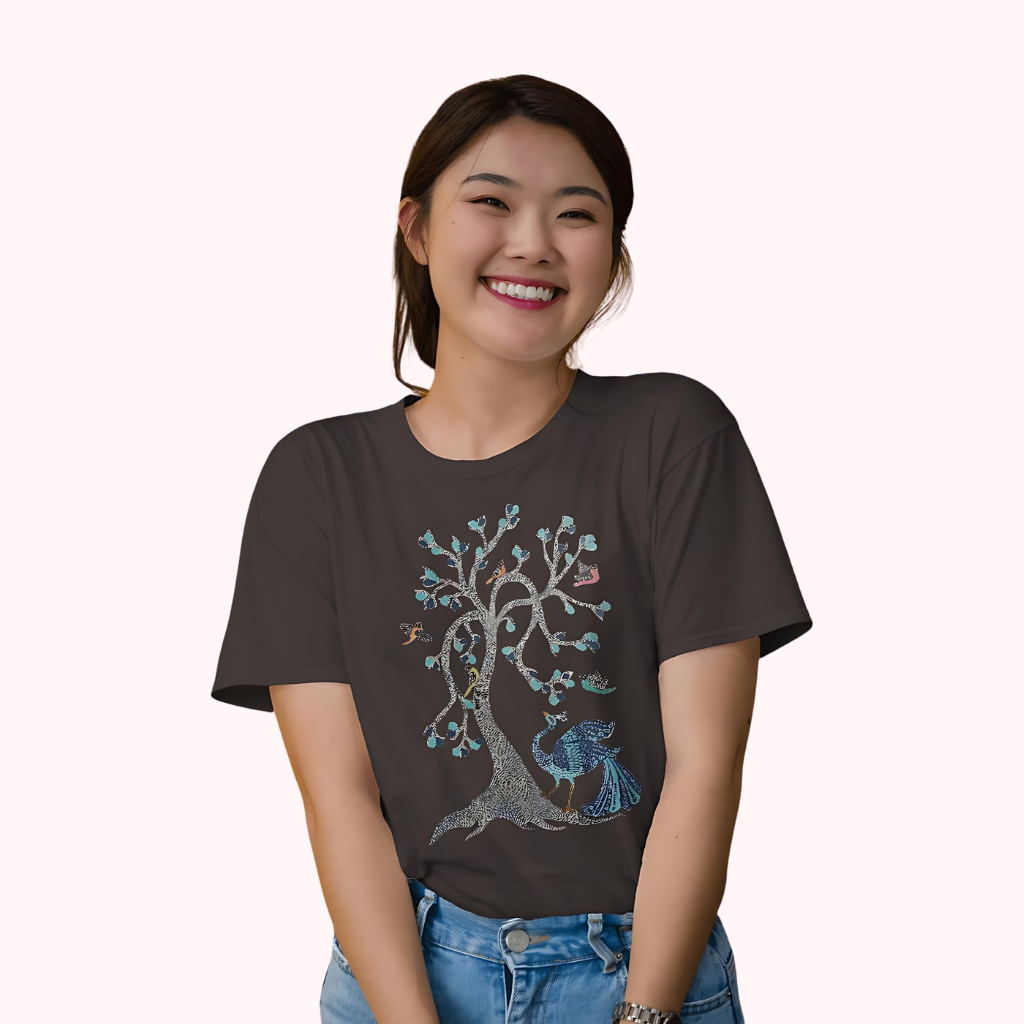 Trending Madhubani D13: Peacock & Tree of Birds: Women T-Shirt