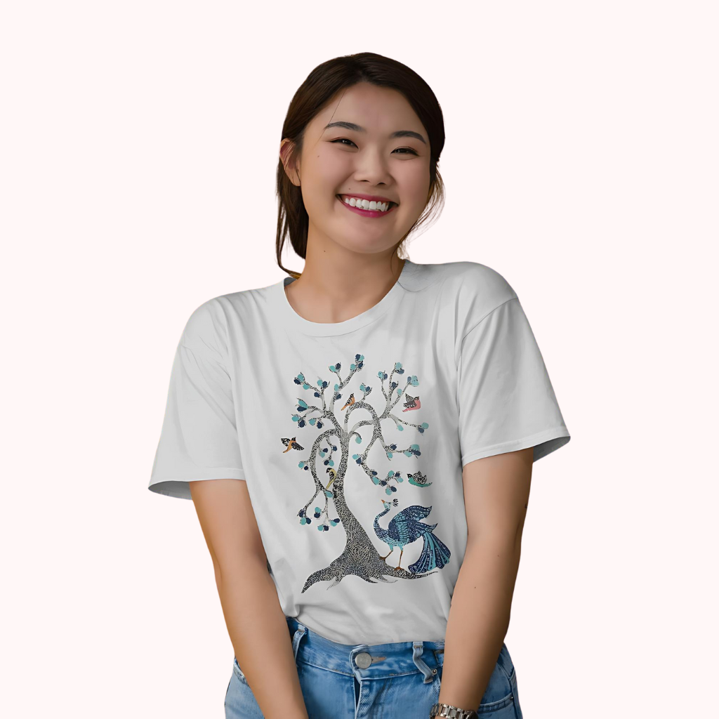Trending Madhubani D13: Peacock & Tree of Birds: Women T-Shirt