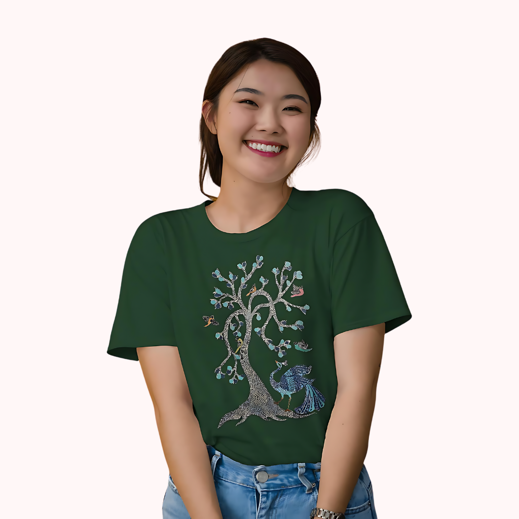 Trending Madhubani D13: Peacock & Tree of Birds: Women T-Shirt