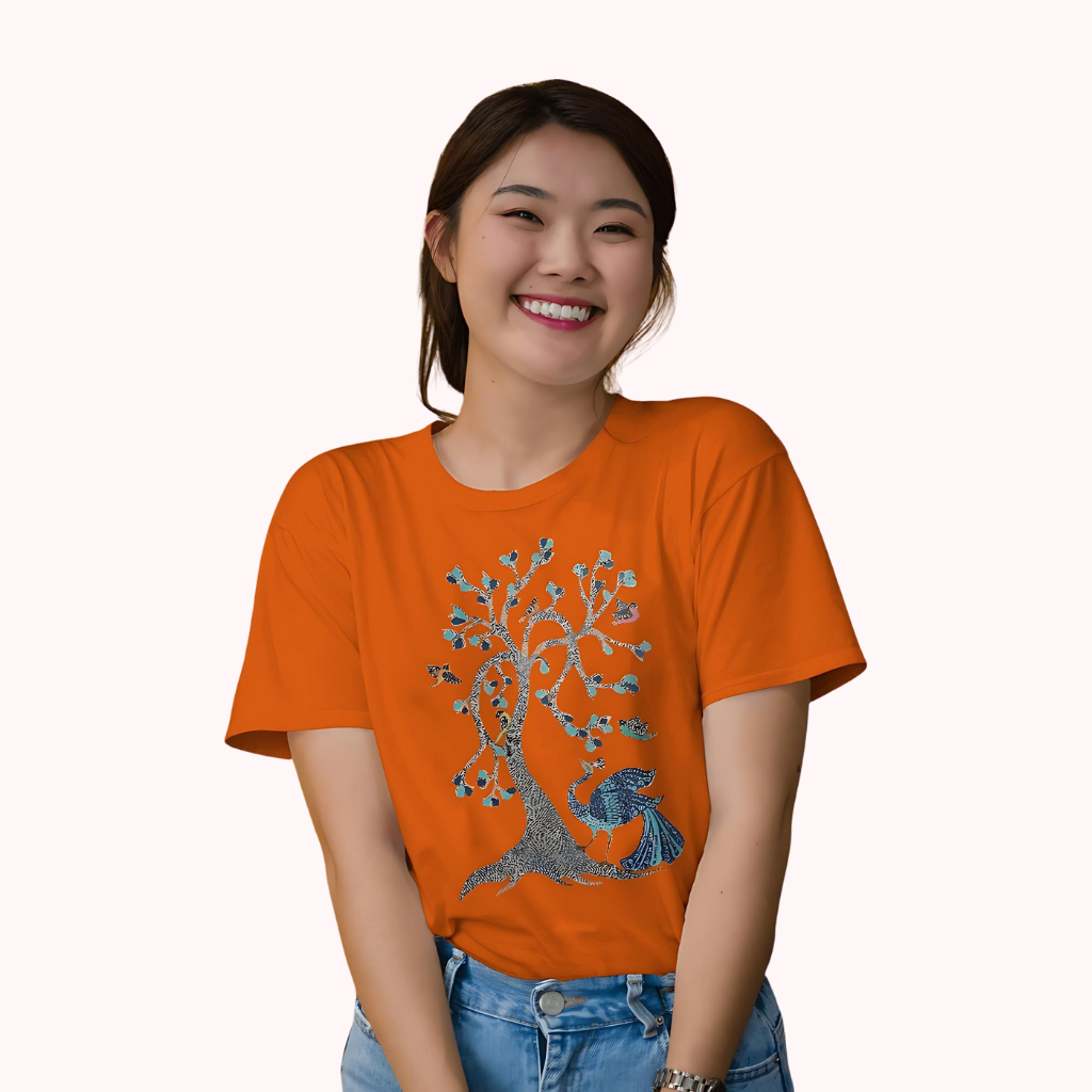 Trending Madhubani D13: Peacock & Tree of Birds: Women T-Shirt