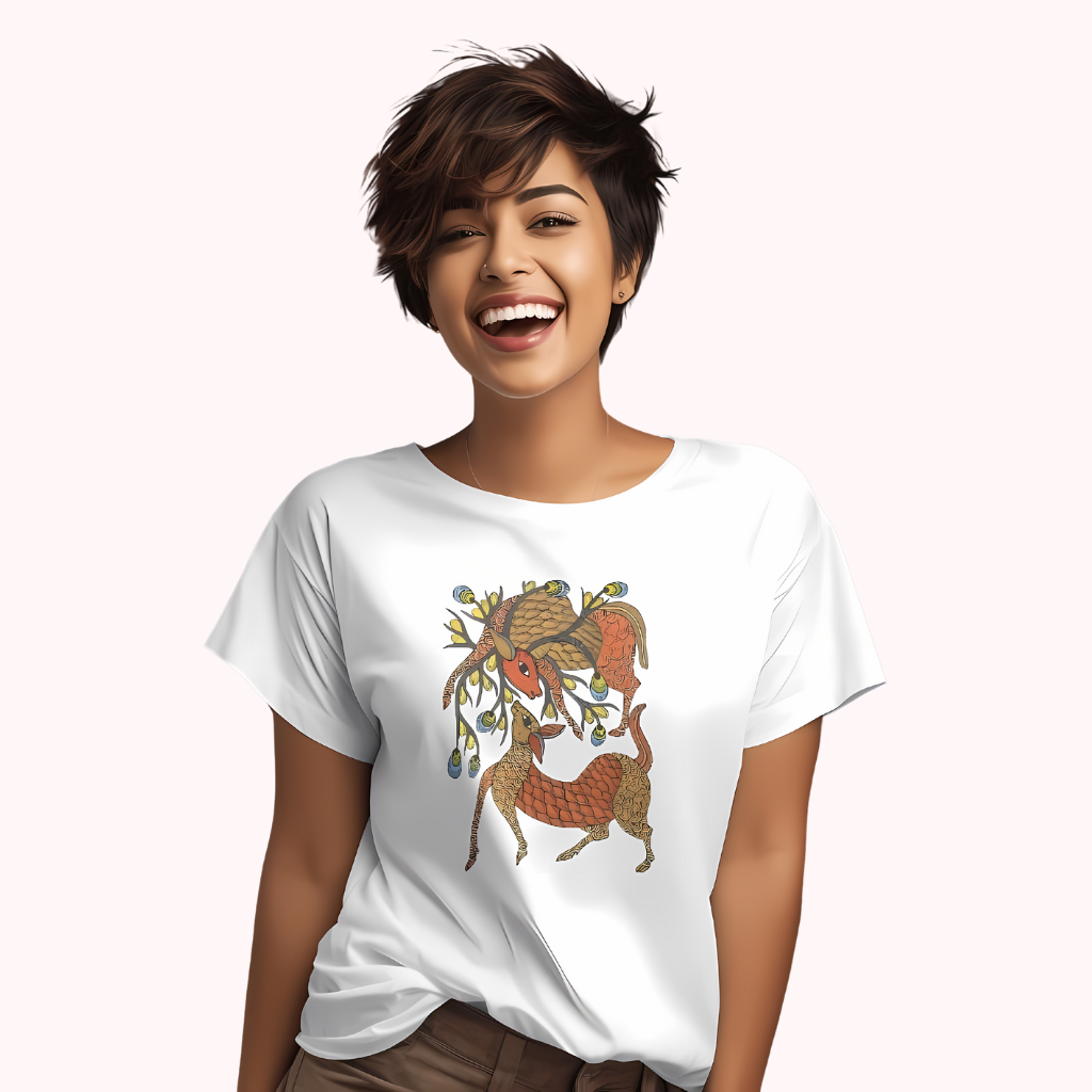 Trending Madhubani D12: Playing Deers: Women T-shirt