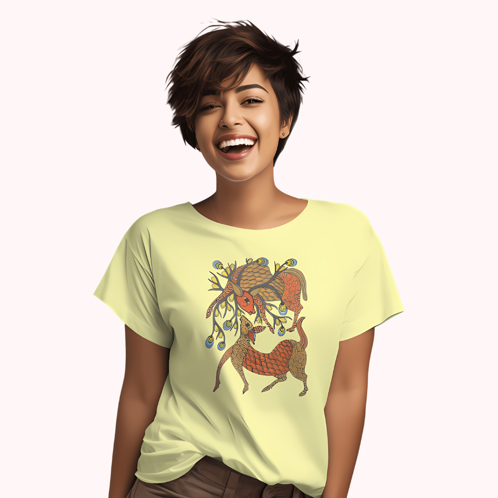 Trending Madhubani D12: Playing Deers: Women T-shirt