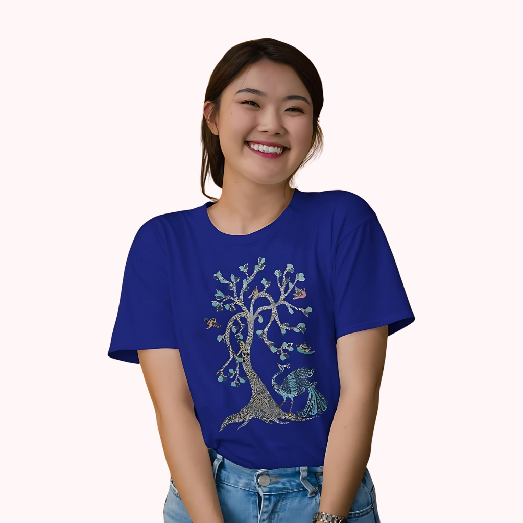 Trending Madhubani D13: Peacock & Tree of Birds: Women T-Shirt