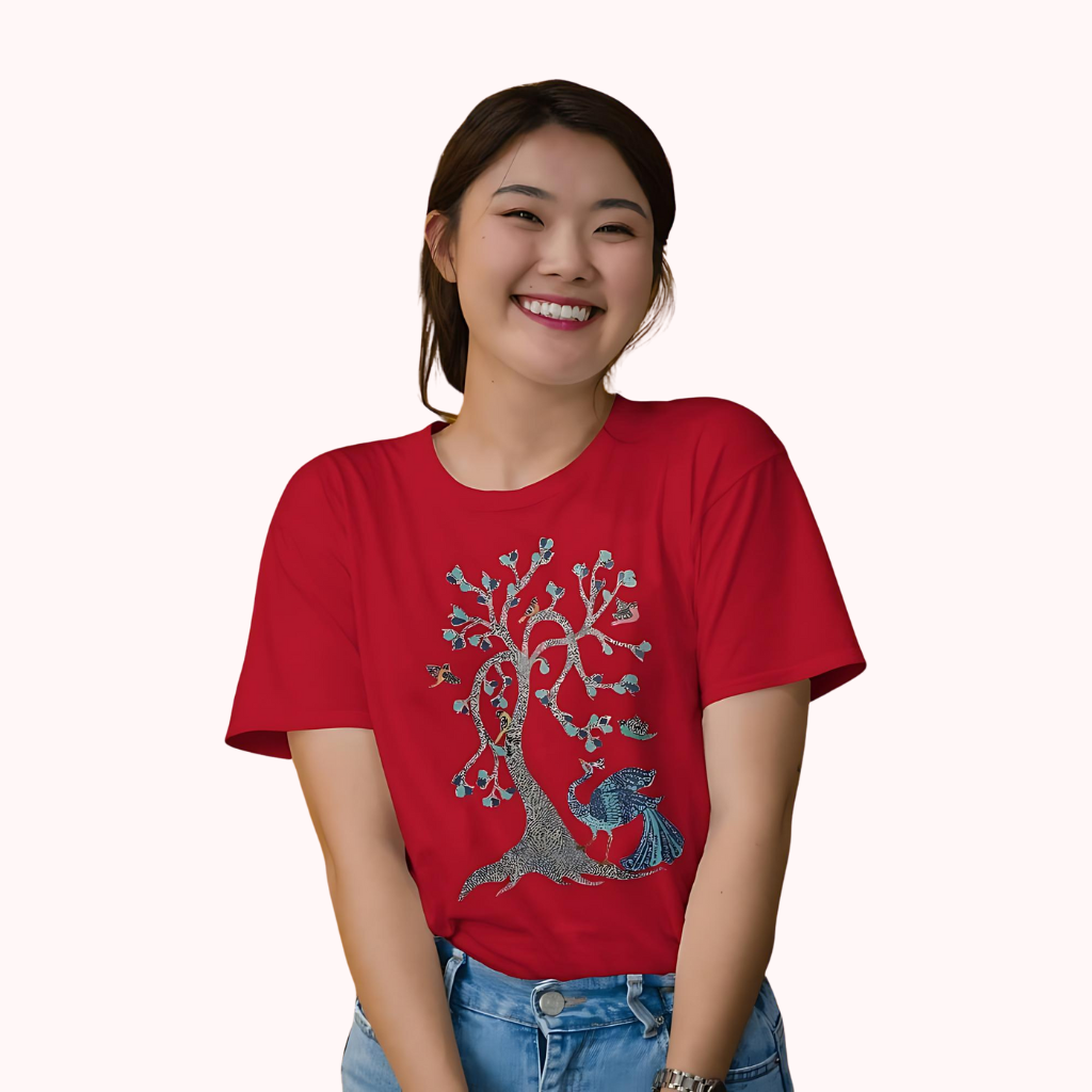 Trending Madhubani D13: Peacock & Tree of Birds: Women T-Shirt