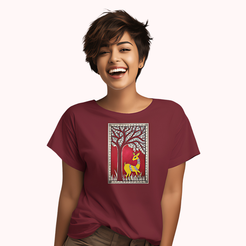 Trending Madhubani Art D6: Deer: Women T-Shirt