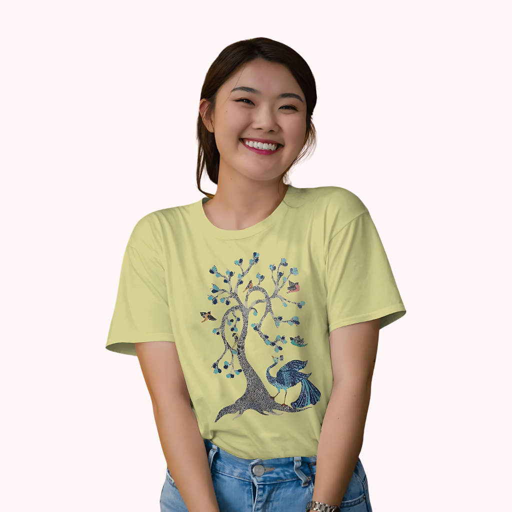 Trending Madhubani D13: Peacock & Tree of Birds: Women T-Shirt