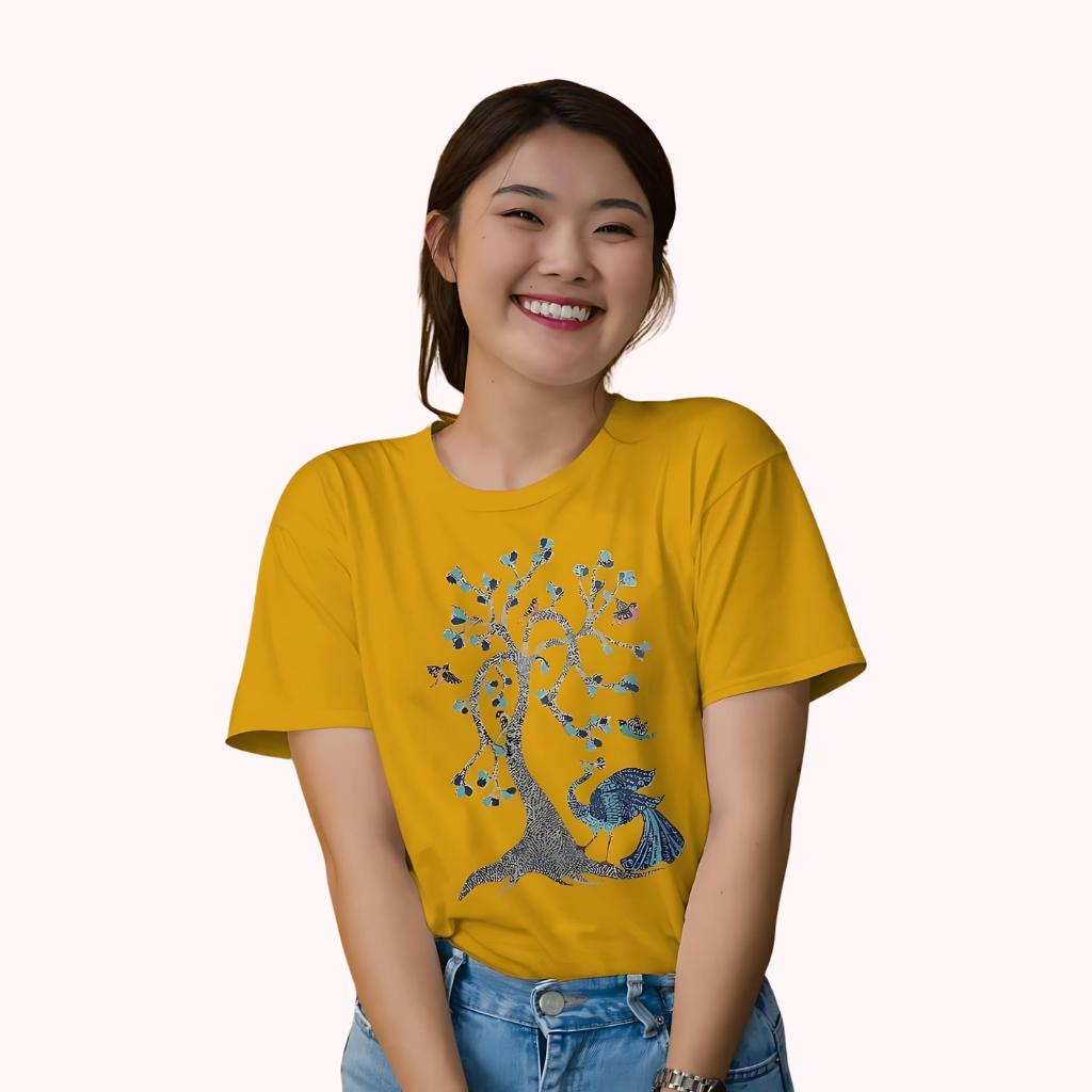 Trending Madhubani D13: Peacock & Tree of Birds: Women T-Shirt