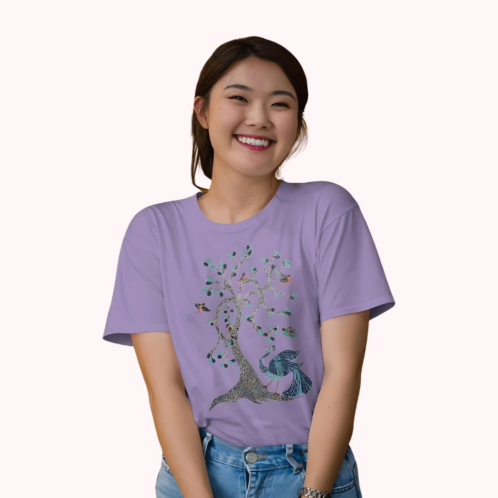 Trending Madhubani D13: Peacock & Tree of Birds: Women T-Shirt
