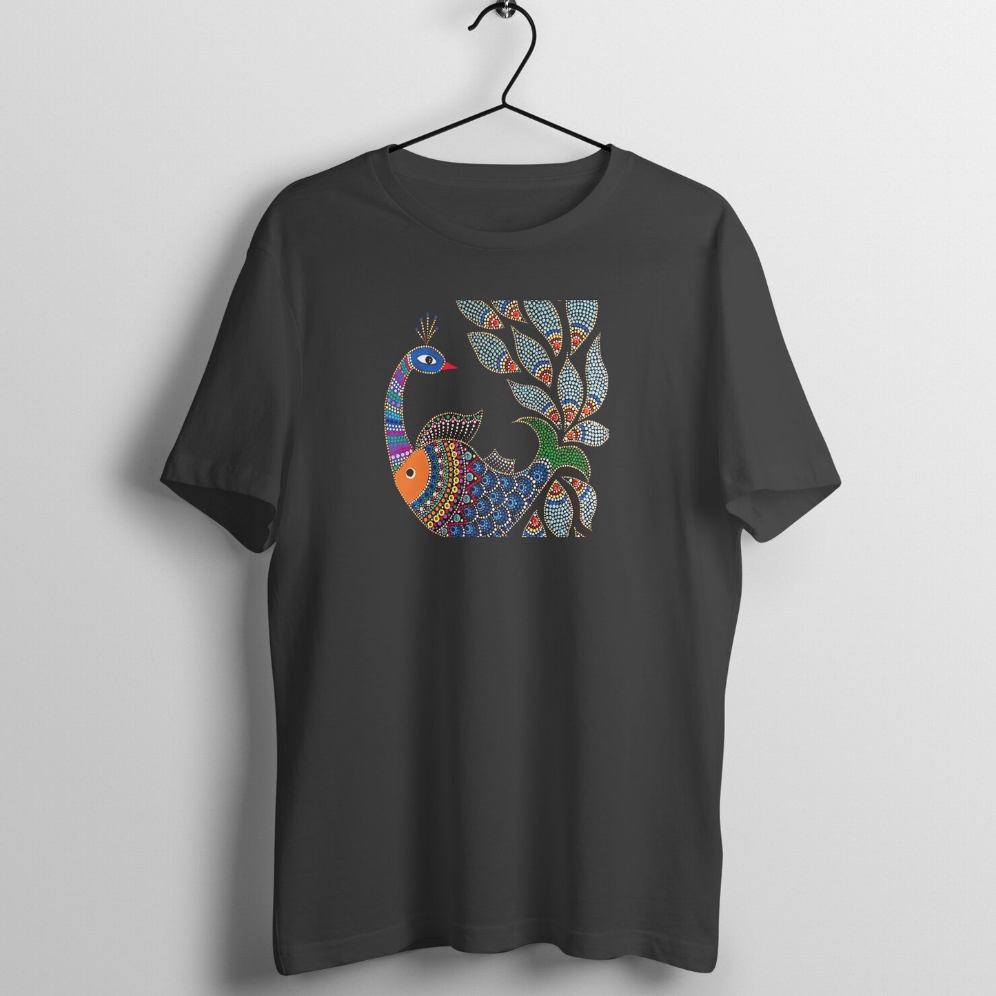 Gond Painting D1: Peacock Catching Fish: Unisex T-shirt