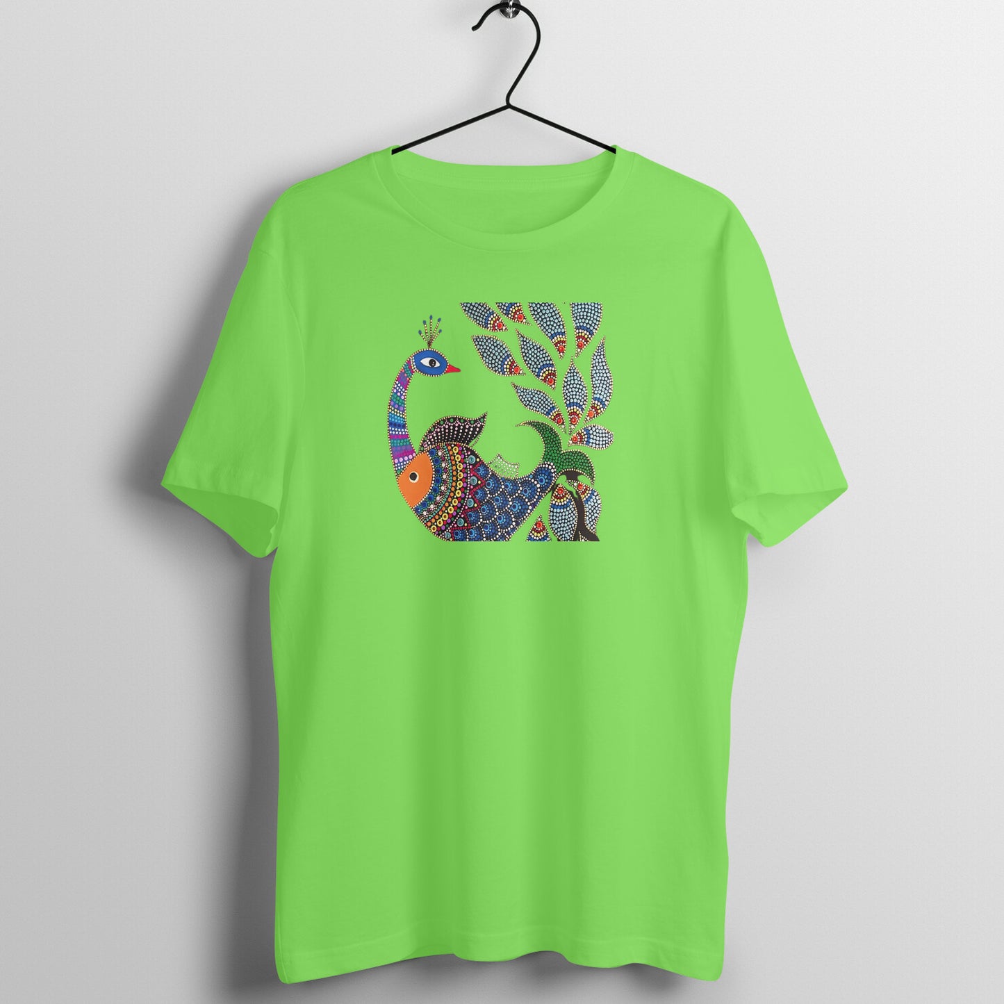 Gond Painting D1: Peacock Catching Fish: Unisex T-shirt