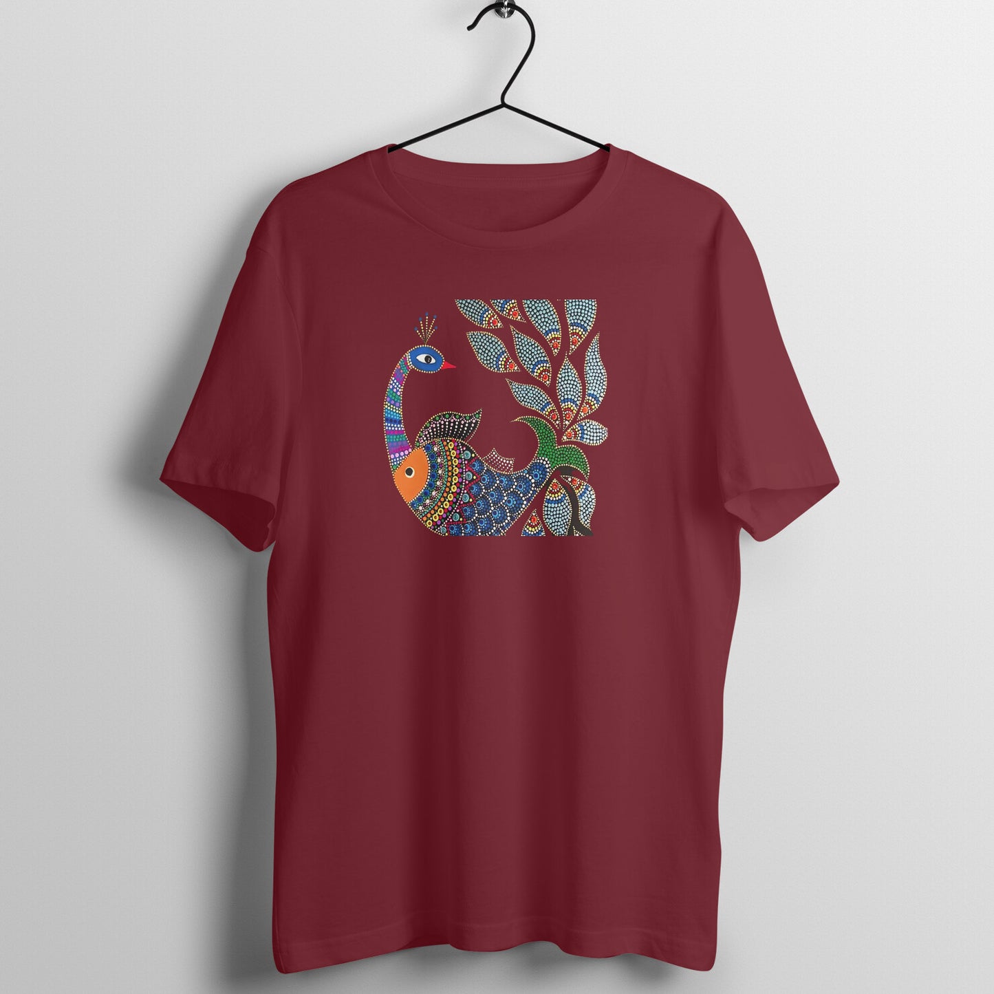 Gond Painting D1: Peacock Catching Fish: Unisex T-shirt