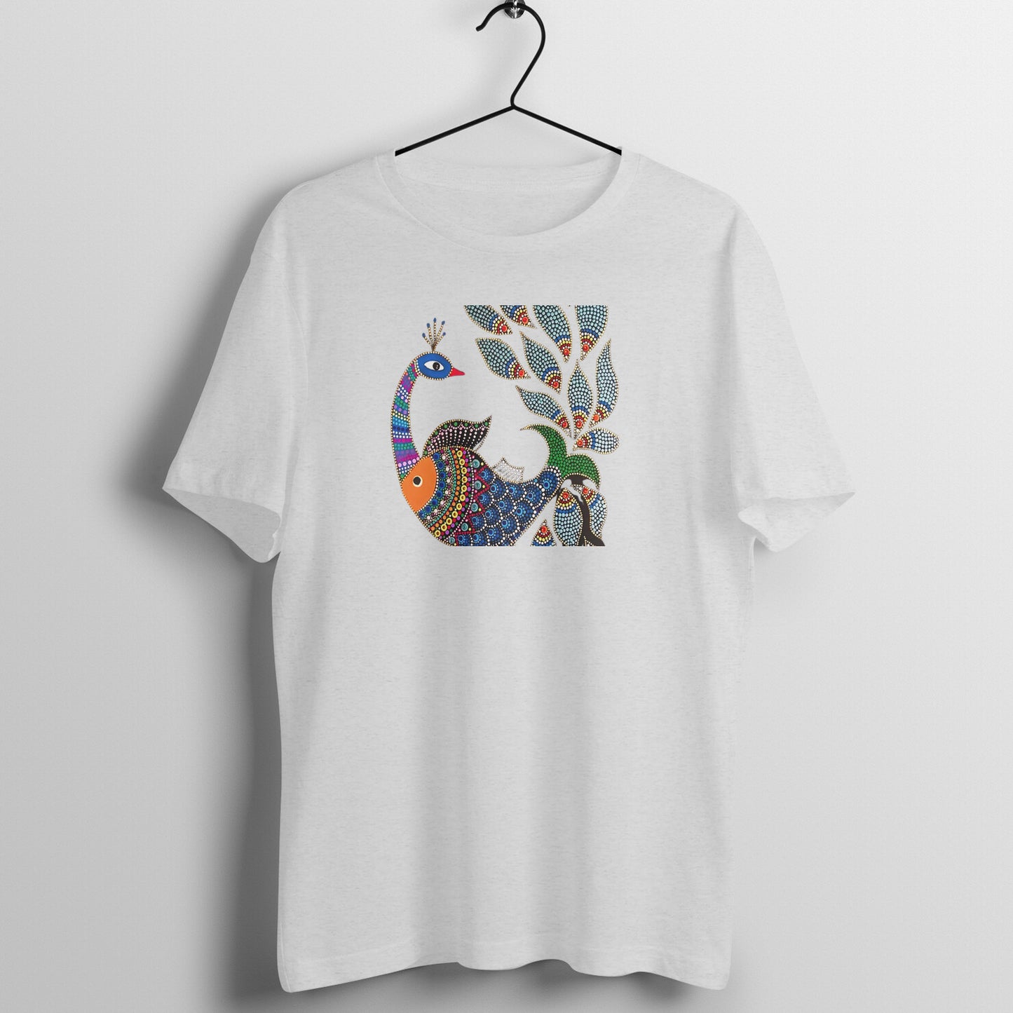 Gond Painting D1: Peacock Catching Fish: Unisex T-shirt