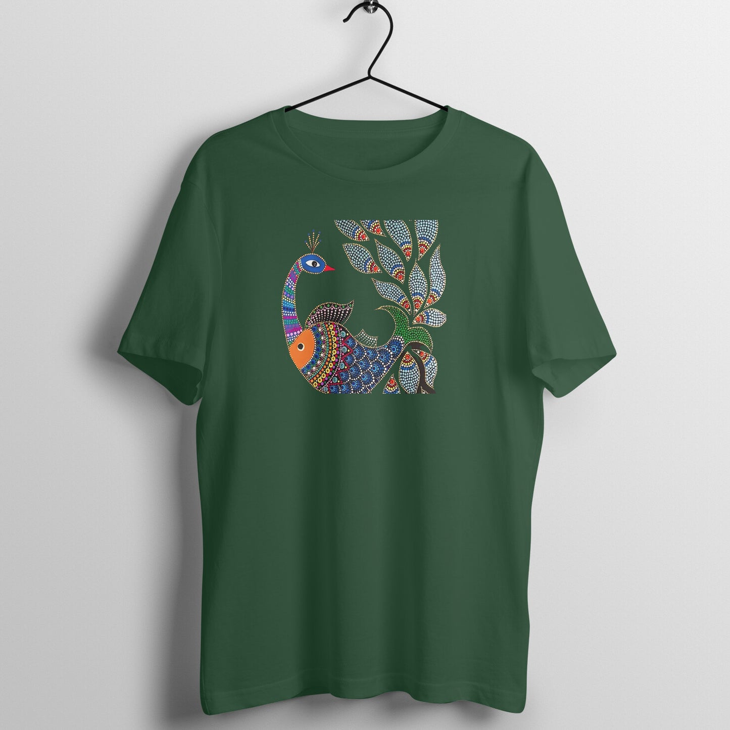 Gond Painting D1: Peacock Catching Fish: Unisex T-shirt