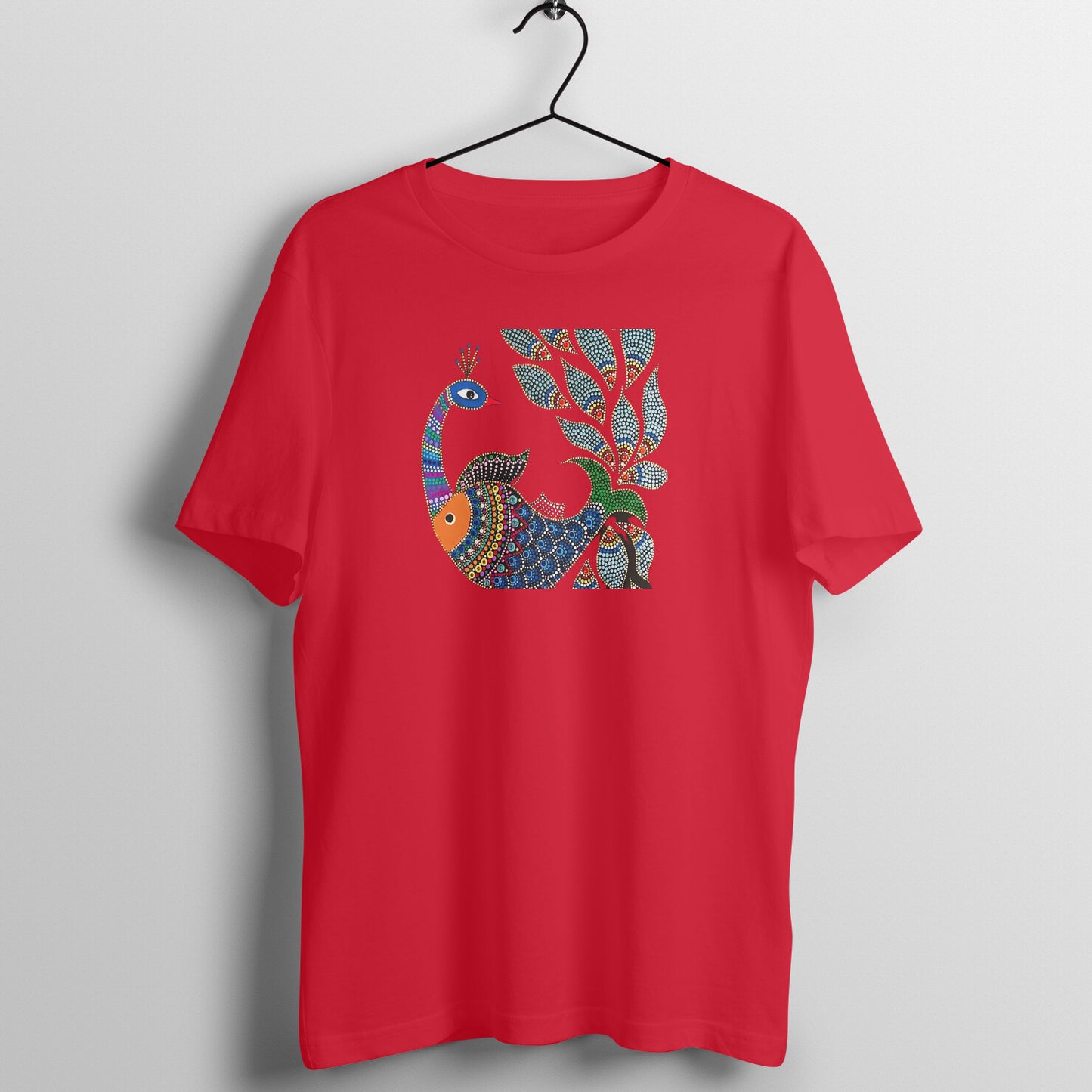 Gond Painting D1: Peacock Catching Fish: Unisex T-shirt