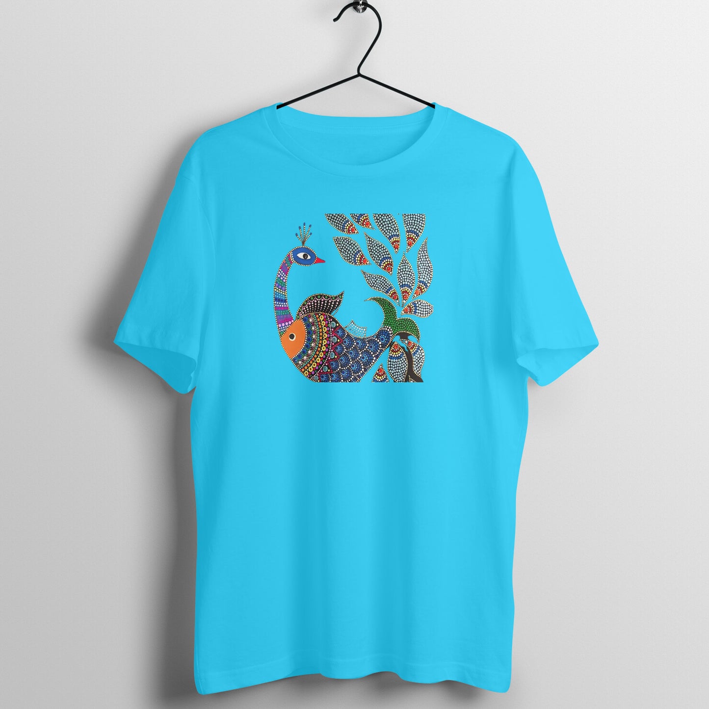 Gond Painting D1: Peacock Catching Fish: Unisex T-shirt