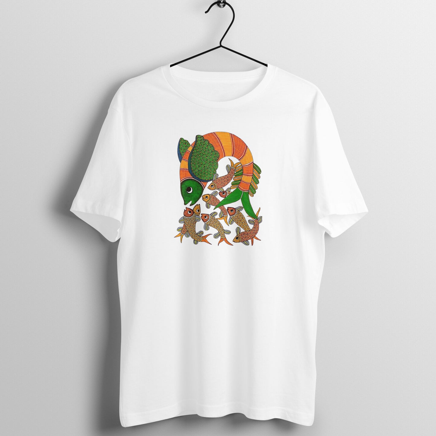 Gond Painting D9: Fish Catching Fishes: Unisex T-shirt