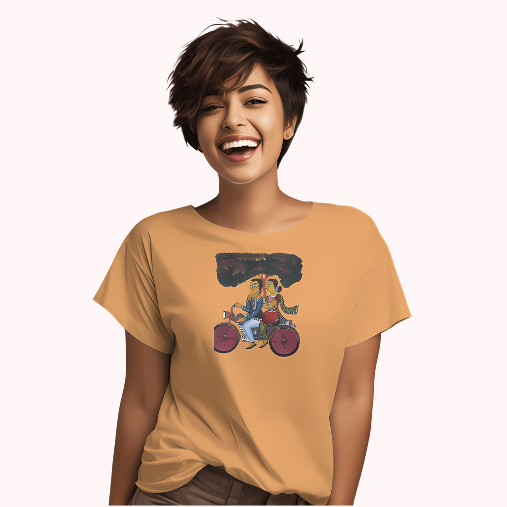 Trending Bengal Art D6: Kalighat Painting-BikeRide: Women T-Shirt