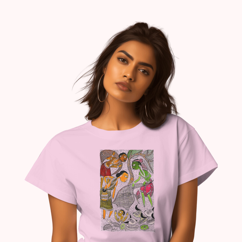 Trending Bengal Art D4: Pattachitra: Village family Pond: Women T-Shirt