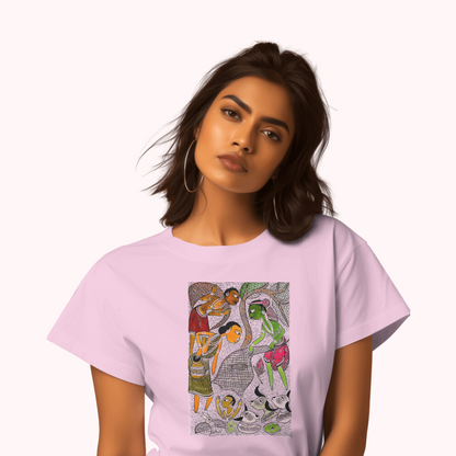 Trending Bengal Art D4: Pattachitra: Village family Pond: Women T-Shirt