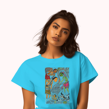 Trending Bengal Art D4: Pattachitra: Village family Pond: Women T-Shirt