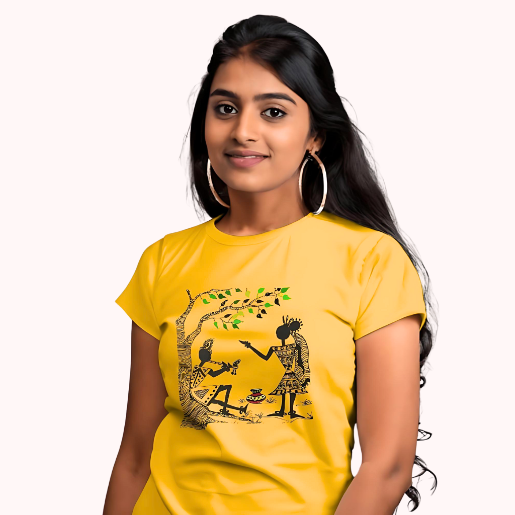 Trending Warli Art D11: Radha-Krishna: Women T-shirt