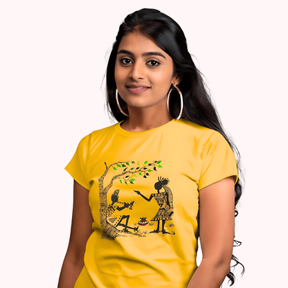 Trending Warli Art D11: Radha-Krishna: Women T-shirt