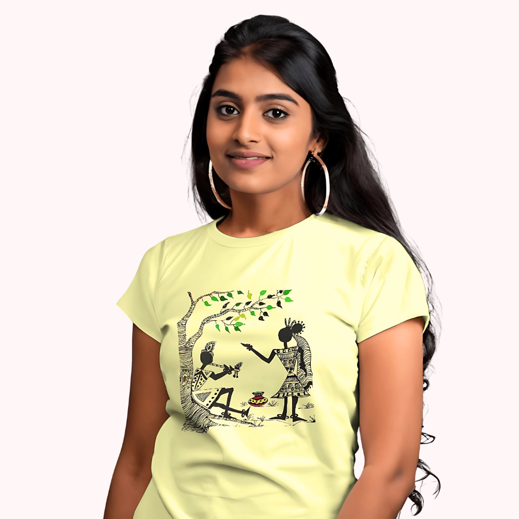 Trending Warli Art D11: Radha-Krishna: Women T-shirt