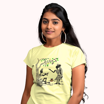 Trending Warli Art D11: Radha-Krishna: Women T-shirt