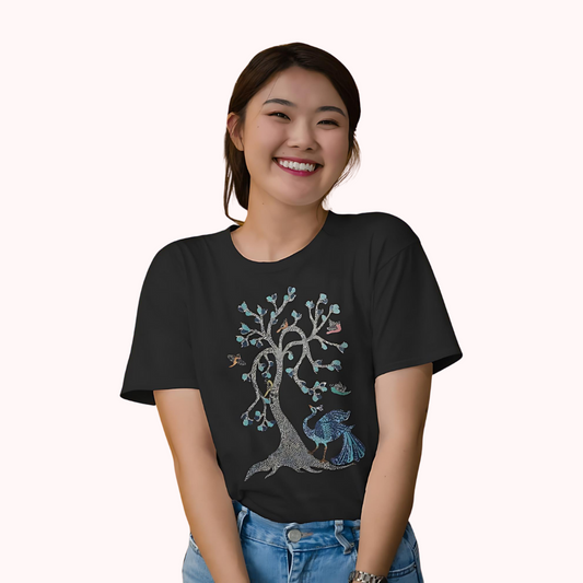 Trending Madhubani D13: Peacock & Tree of Birds: Women T-Shirt