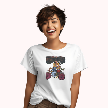 Trending Bengal Art D6: Kalighat Painting-BikeRide: Women T-Shirt