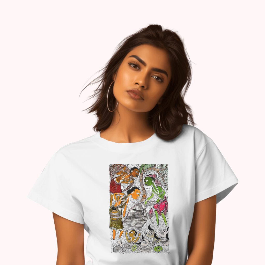 Trending Bengal Art D4: Pattachitra: Village family Pond: Women T-Shirt
