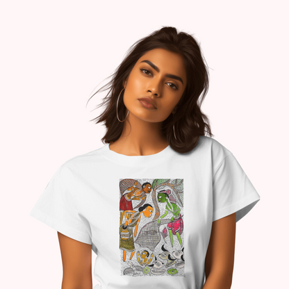 Trending Bengal Art D4: Pattachitra: Village family Pond: Women T-Shirt