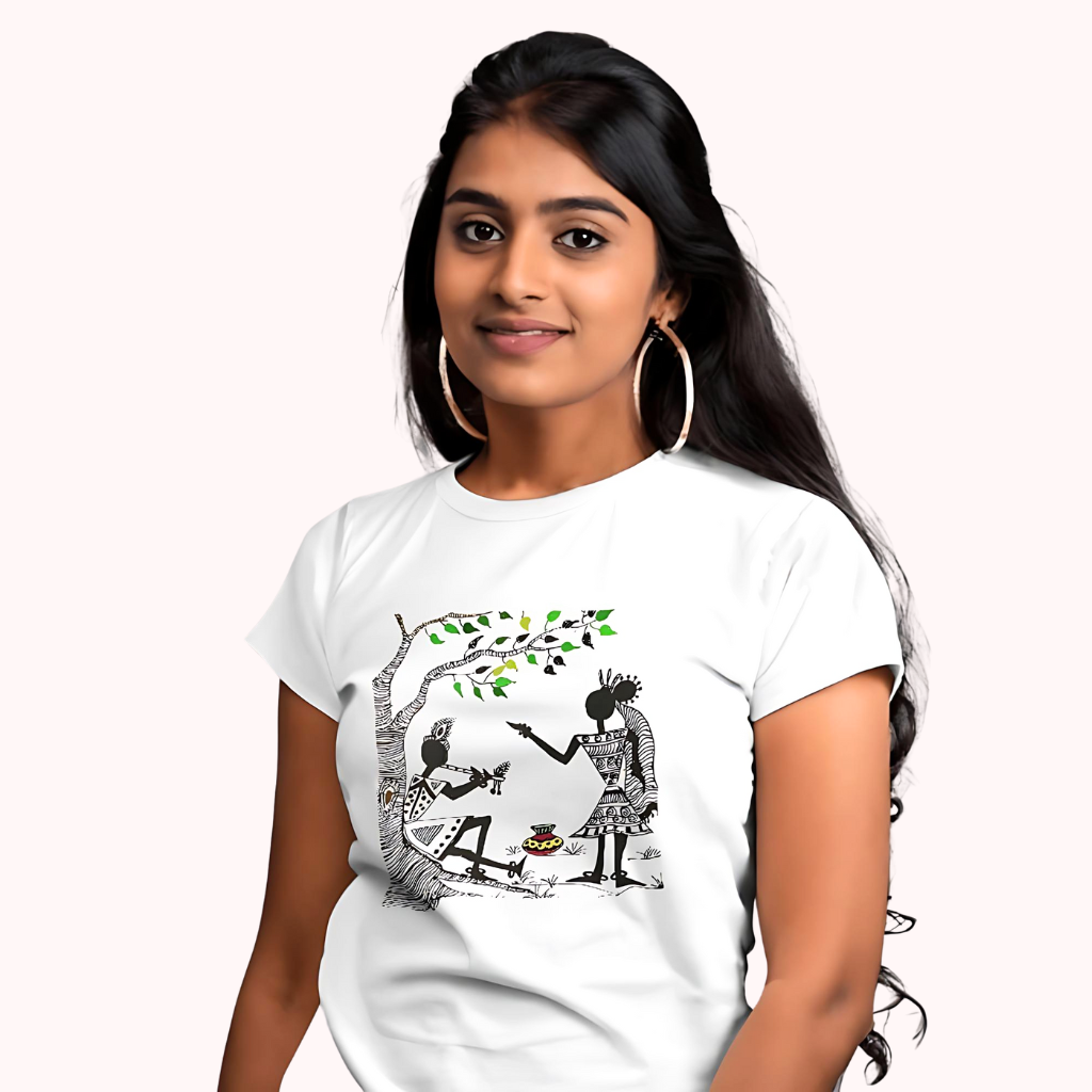 Trending Warli Art D11: Radha-Krishna: Women T-shirt