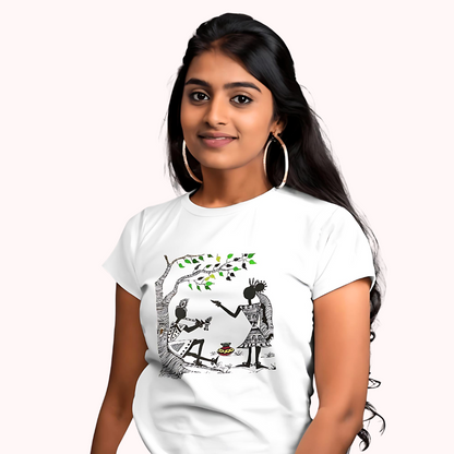 Trending Warli Art D11: Radha-Krishna: Women T-shirt