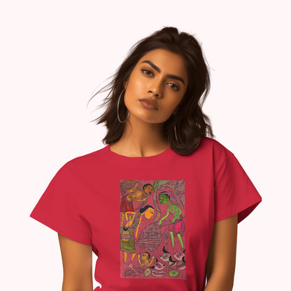 Trending Bengal Art D4: Pattachitra: Village family Pond: Women T-Shirt