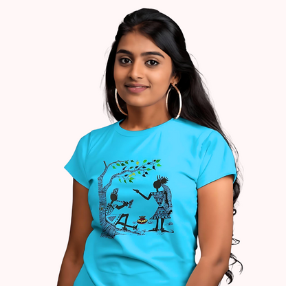 Trending Warli Art D11: Radha-Krishna: Women T-shirt