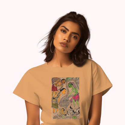 Trending Bengal Art D4: Pattachitra: Village family Pond: Women T-Shirt