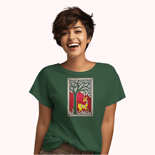 Trending Madhubani Art D6: Deer: Women T-Shirt