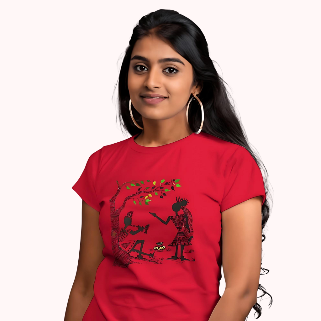 Trending Warli Art D11: Radha-Krishna: Women T-shirt