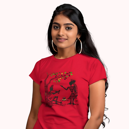 Trending Warli Art D11: Radha-Krishna: Women T-shirt