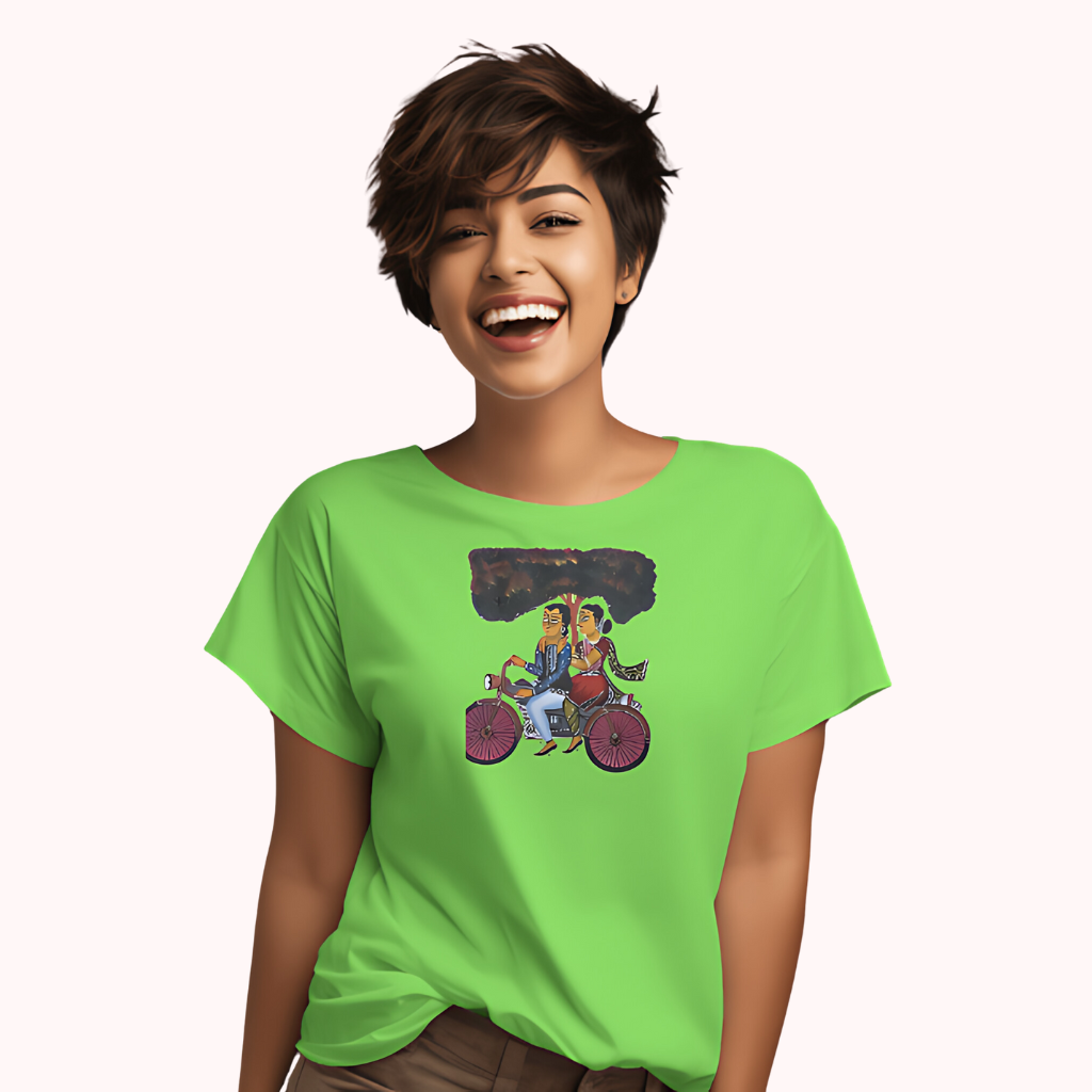 Trending Bengal Art D6: Kalighat Painting-BikeRide: Women T-Shirt