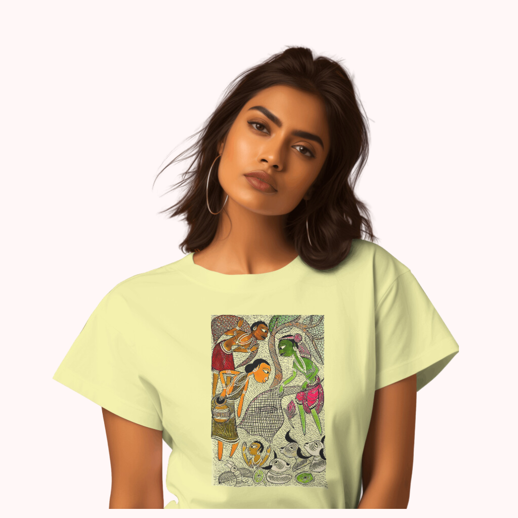 Trending Bengal Art D4: Pattachitra: Village family Pond: Women T-Shirt