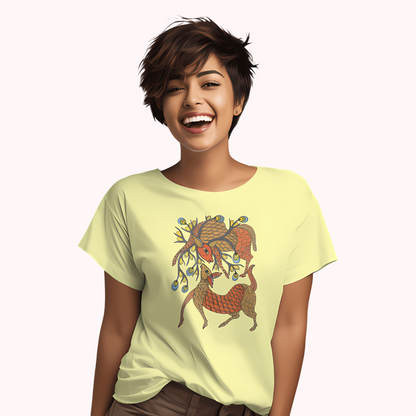 Trending Madhubani D12: Playing Deers: Women T-shirt
